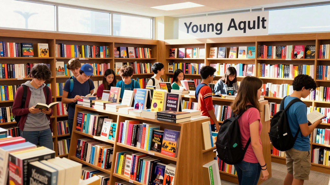 Diverse teens and adults browsing a prominent Young Adult section in a bright bookstore