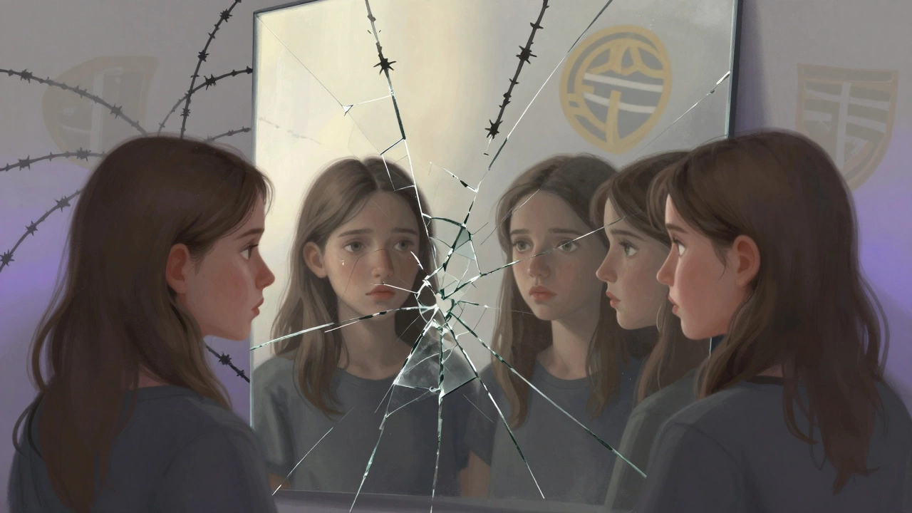 Fractured mirror reflecting trauma and healing symbolism