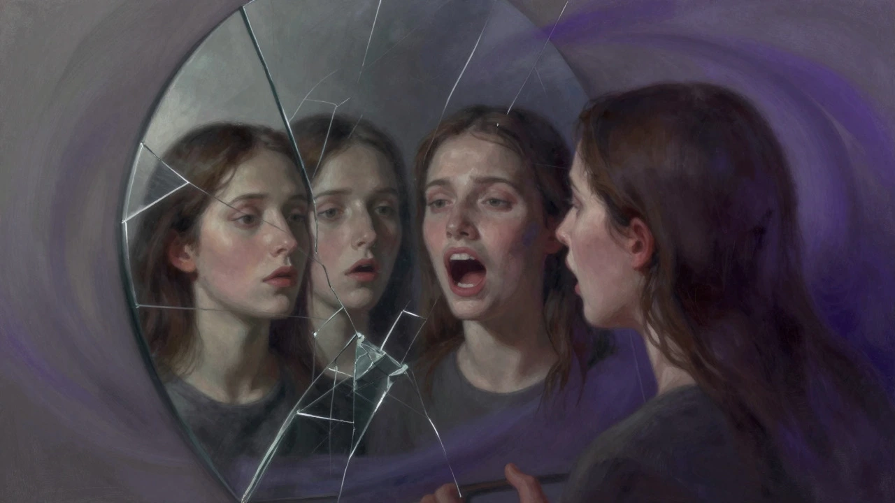 Fractured mirror showing distorted faces in purple haze