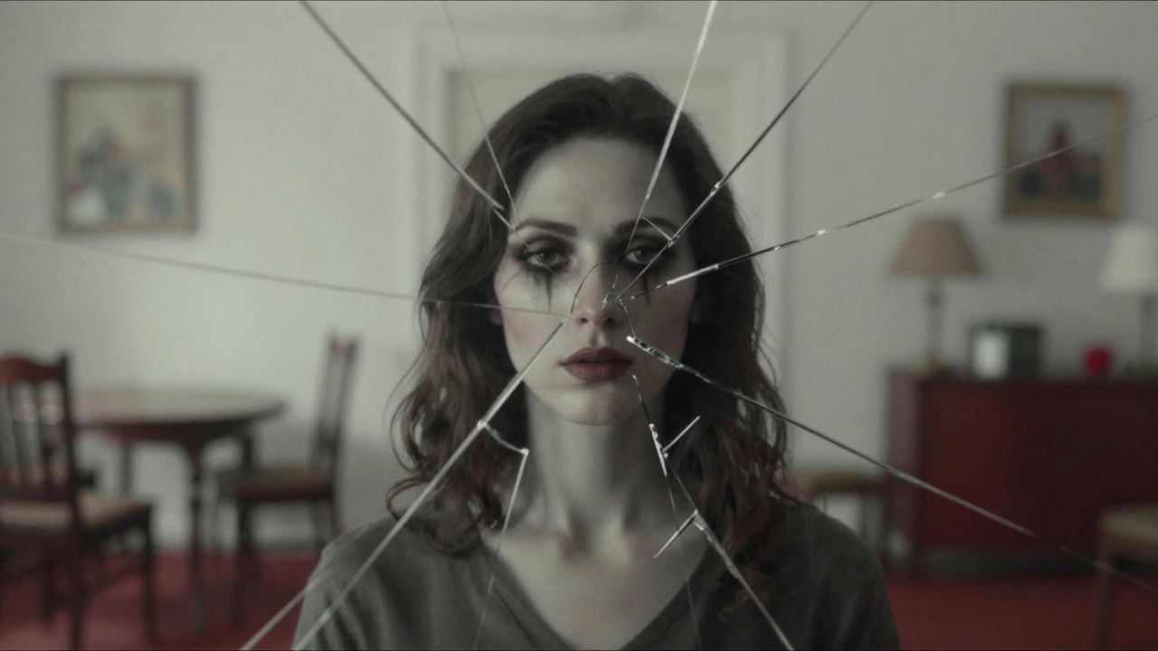 Fragmented mirror reflection showing a woman's distorted face