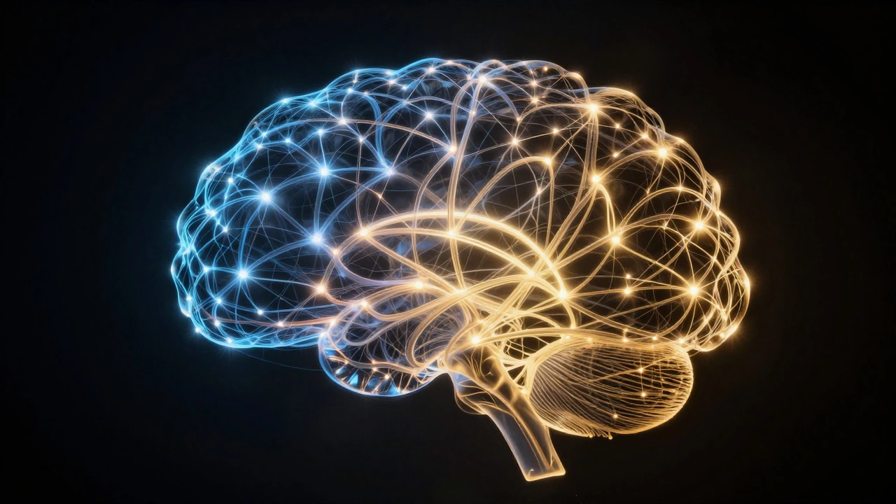 Glowing neural pathways forming a staircase of growth