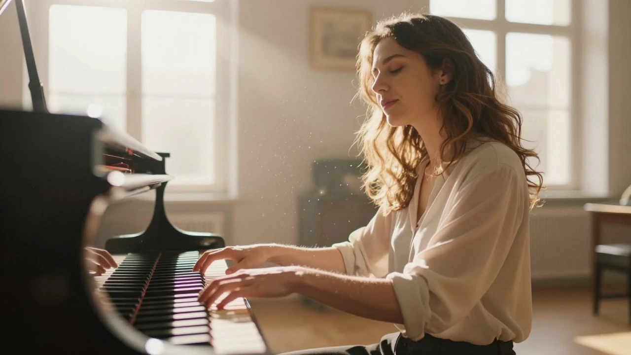 Musician playing piano effortlessly in sunlight showing unconscious competence