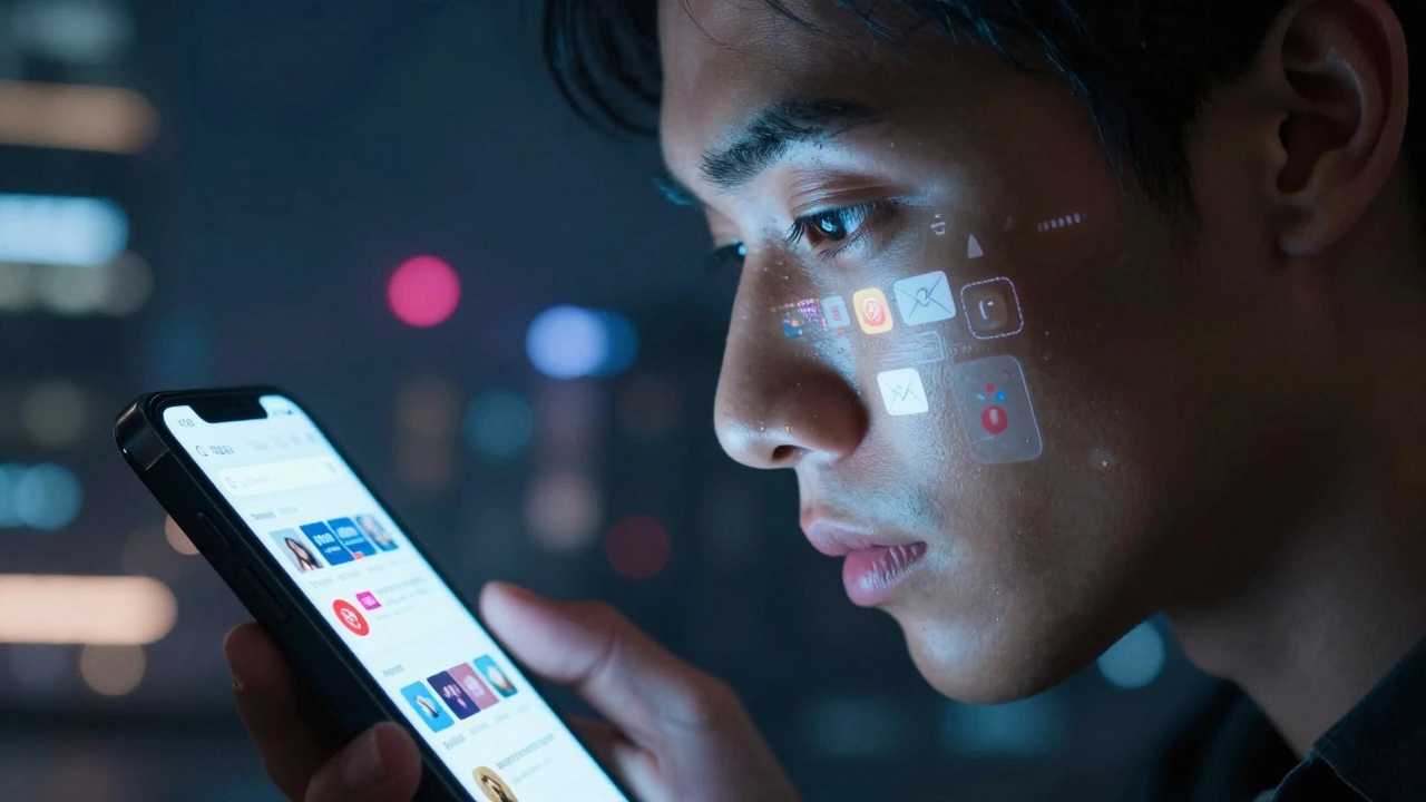 Person's face lit by smartphone screen reflecting social media and digital content icons.