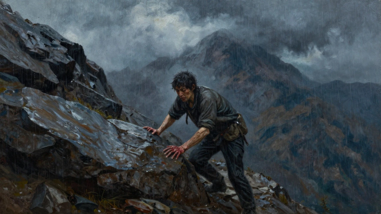 Person struggling up rocky mountain in rain representing conscious incompetence