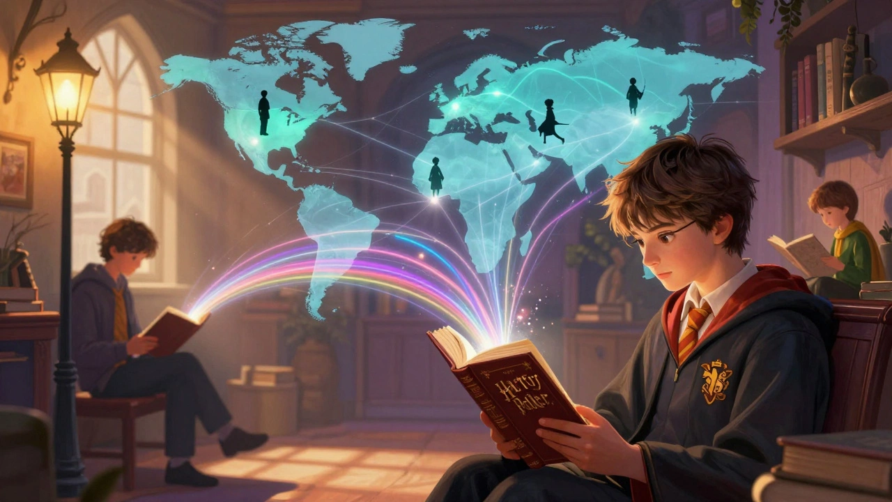 Reader connected by glowing threads to global audiences reading famous secular novels.