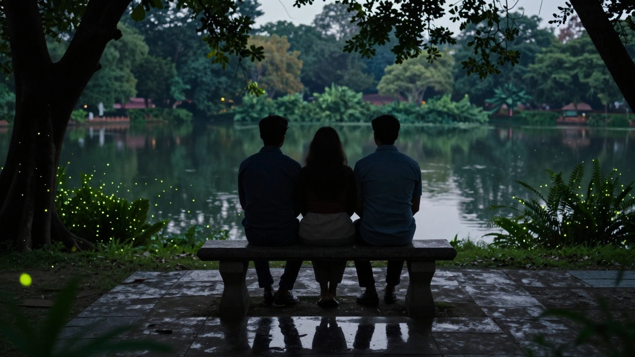 Silhouettes of a triad couple relaxing together by a lake at dusk