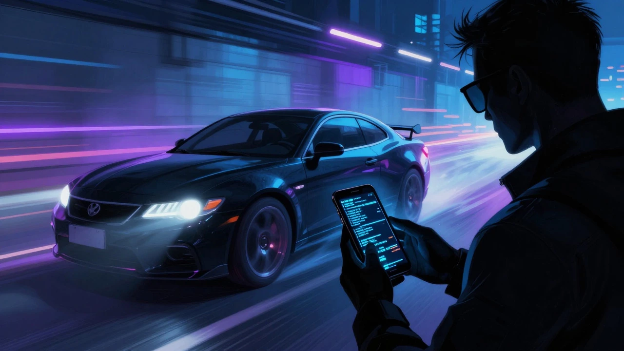 Spy speeding through a neon-lit tunnel holding a coded phone