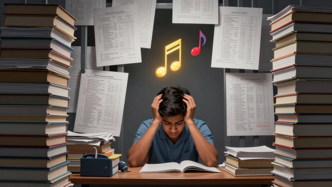 Student surrounded by test papers blocking a musical note