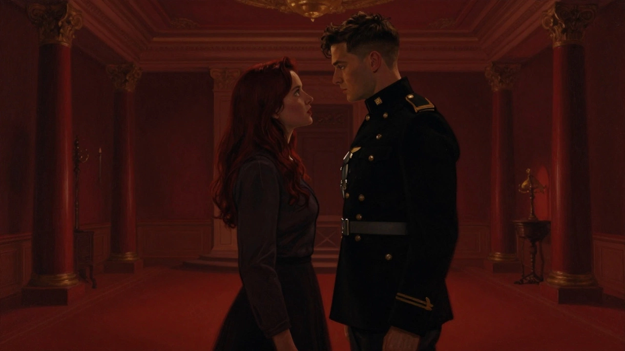 Tense romantic standoff between two characters in shadows