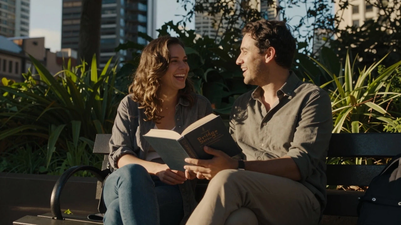A couple discussing a book they are holding together on a park bench