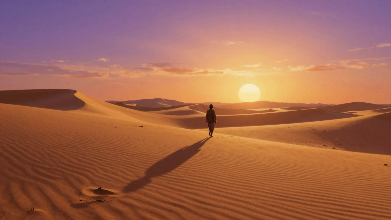 A solitary figure walking through a golden desert at sunset
