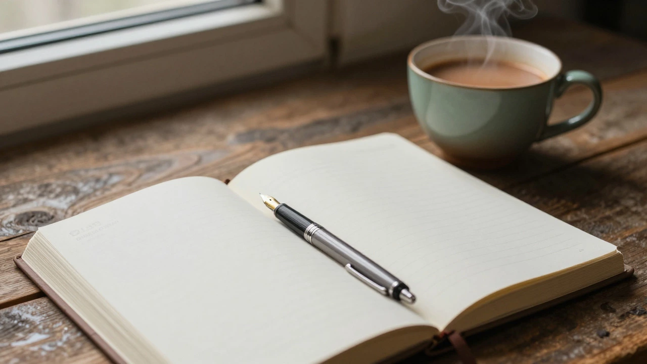 An open journal and cup of chai tea on a wooden table