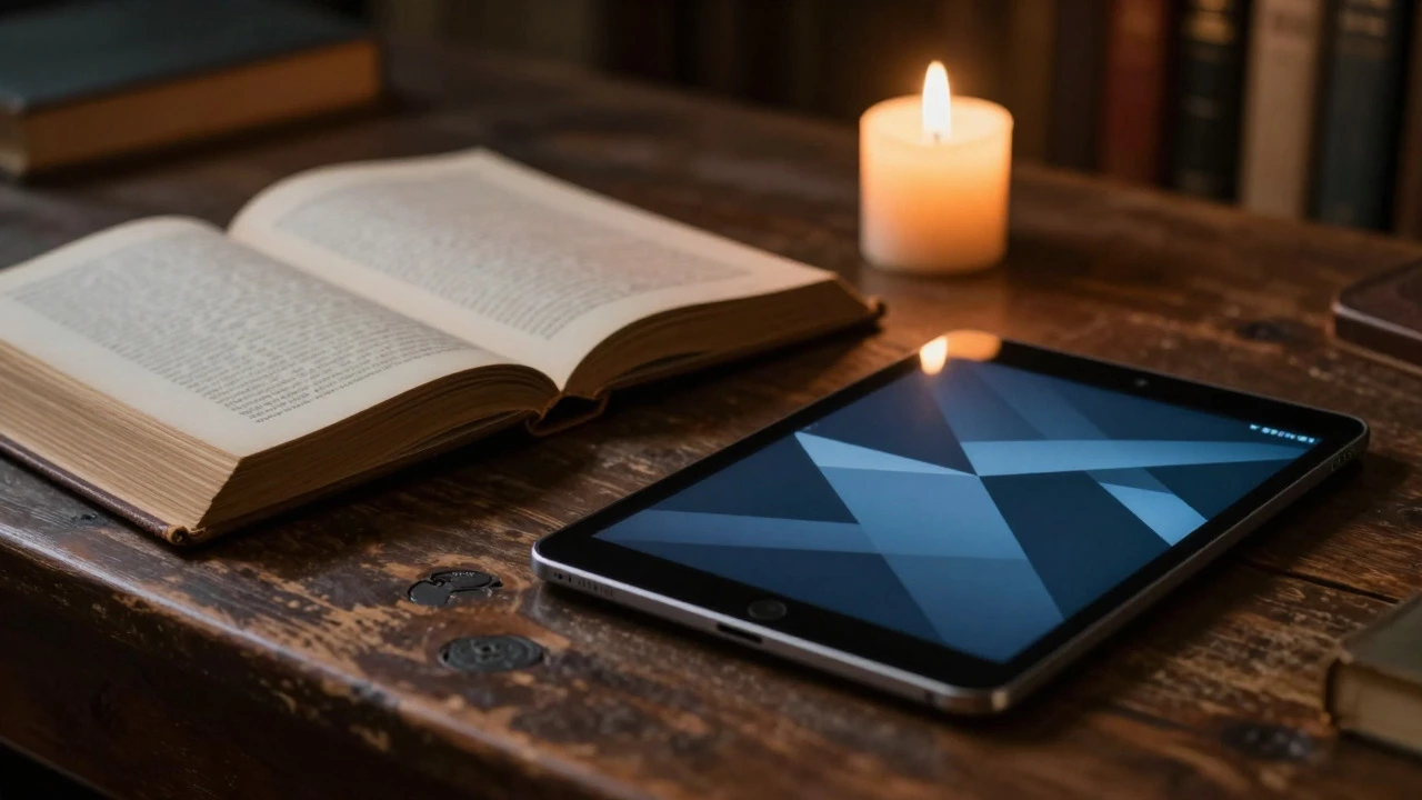 Antique book and modern tablet on a wooden desk illuminated by candlelight