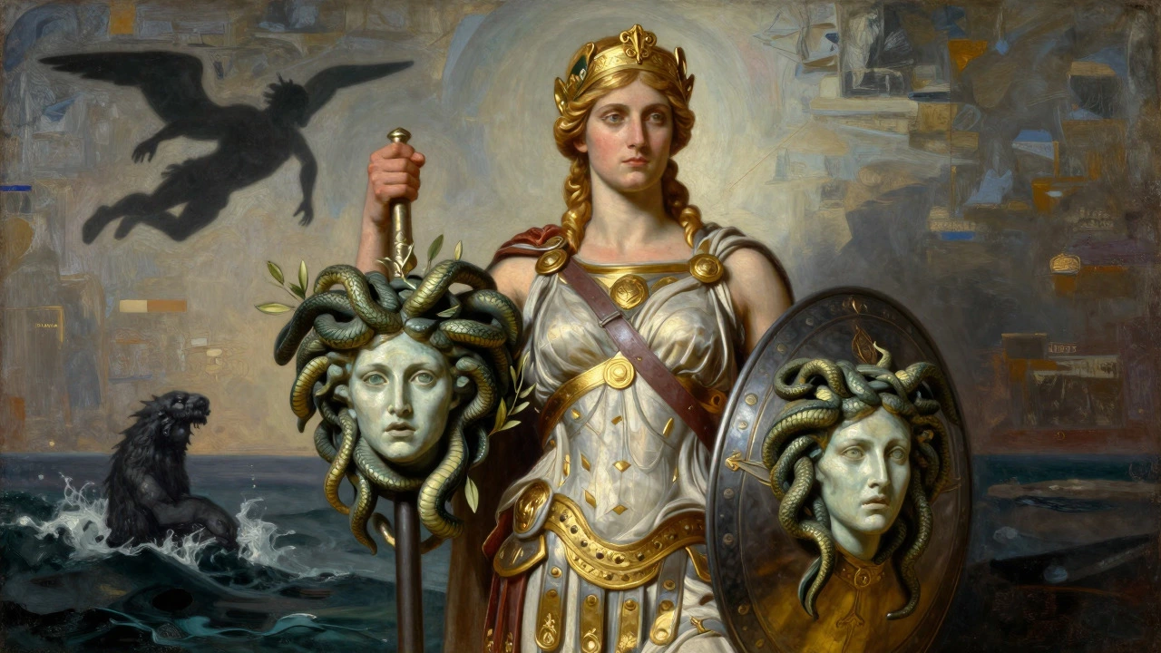 Athena holding the Aegis shield with Medusa's head attached