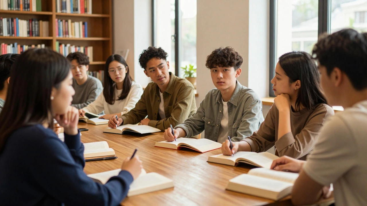 Diverse group discussing books in warm library setting