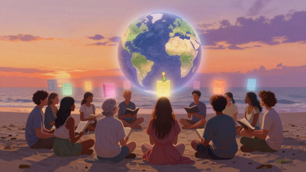 Diverse readers sharing stories on a beach at sunset