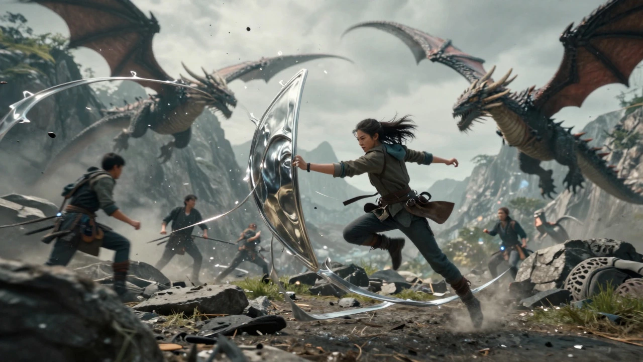 Female warrior using silver magic to dodge attacks during a chaotic aerial battle.