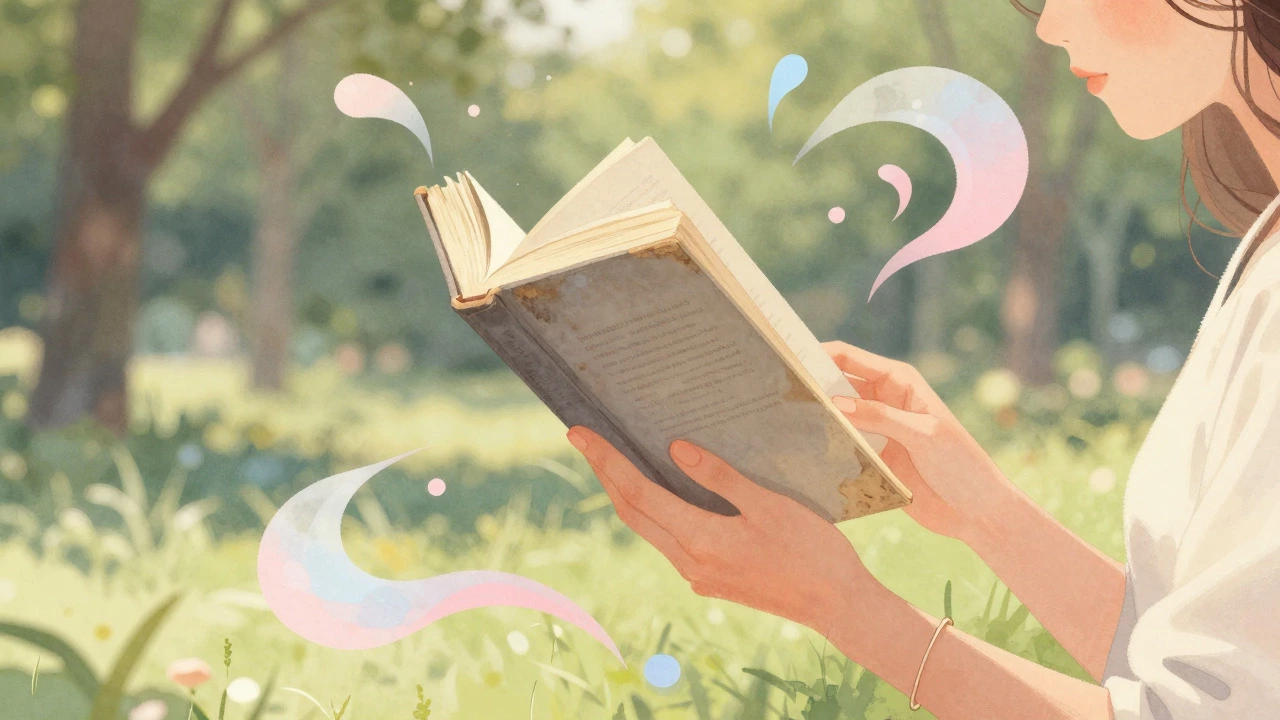 Hands holding a worn book surrounded by soft, artistic swirls in a park