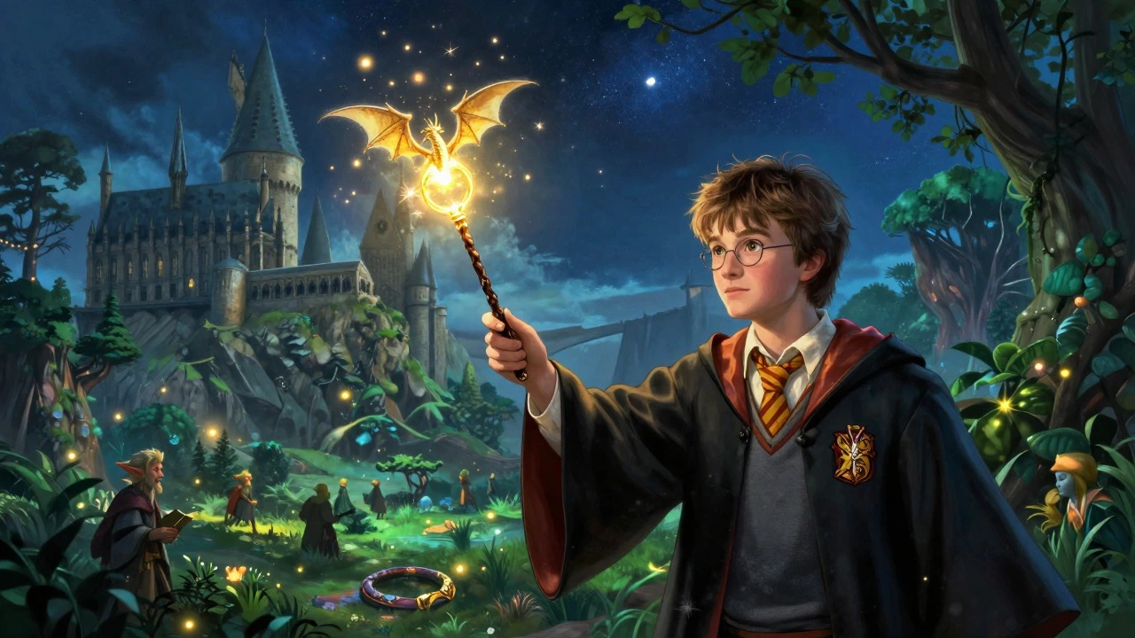 Magical fantasy scene with wizards and mythical creatures