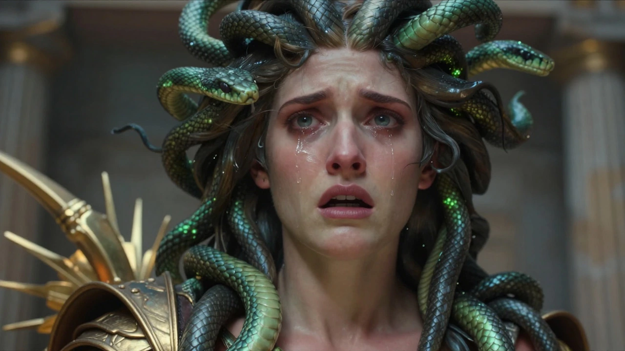 Medusa transforming as her hair turns into glowing snakes