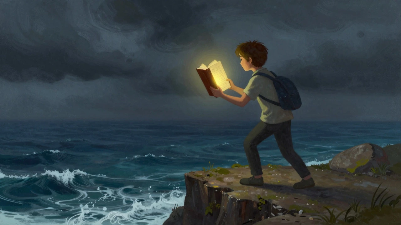 Person holding glowing book against stormy dark background