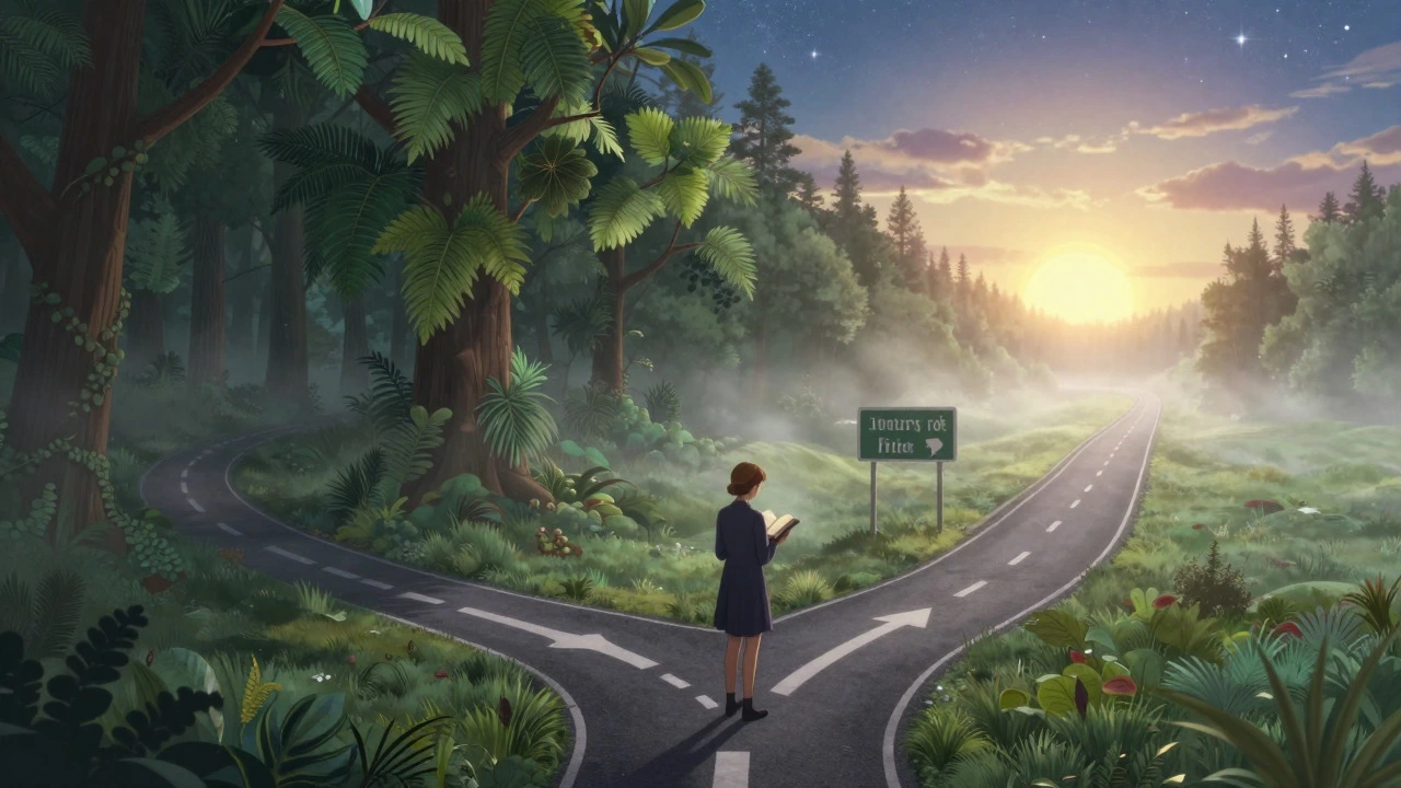 Reader at a crossroads choosing between a mysterious forest and a clear highway