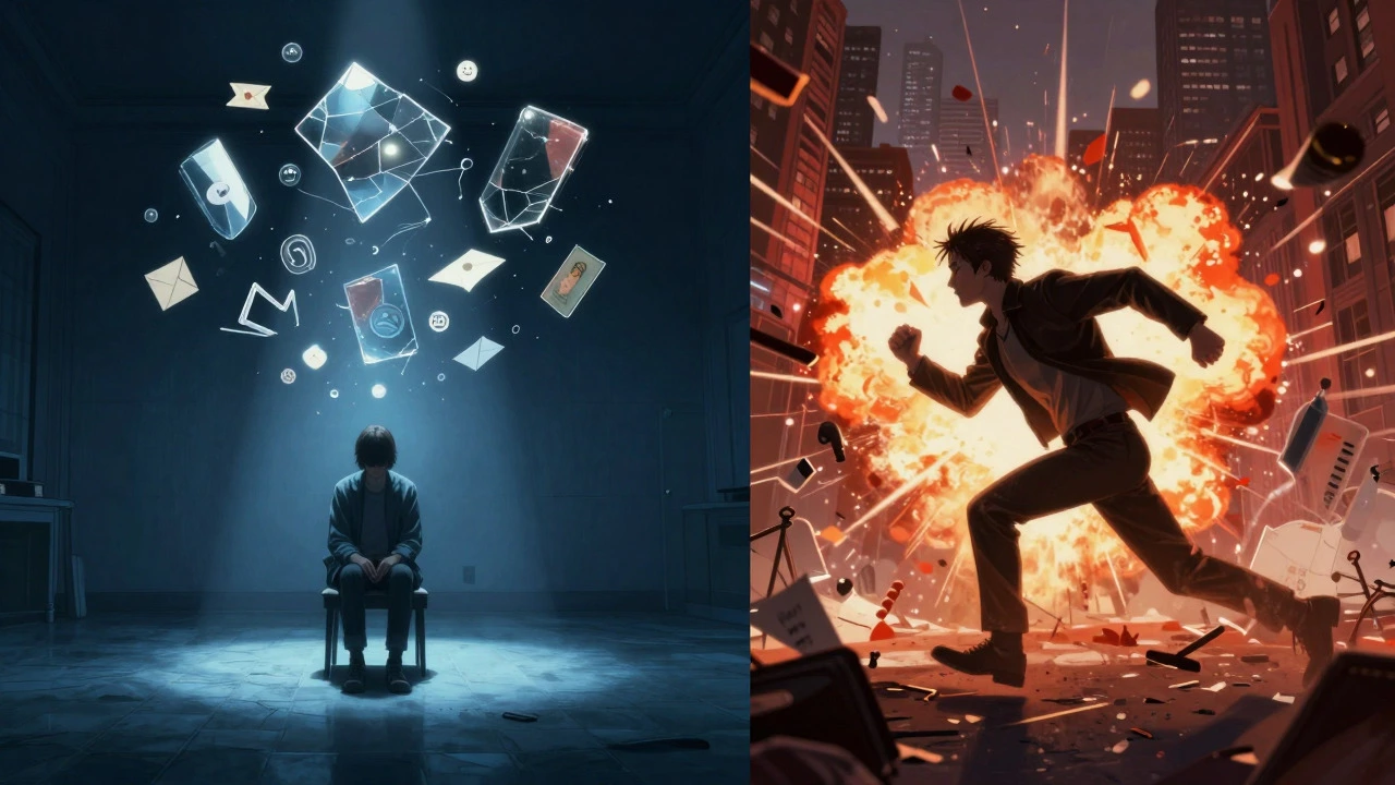 Split art showing introspective character study versus fast-paced action adventure