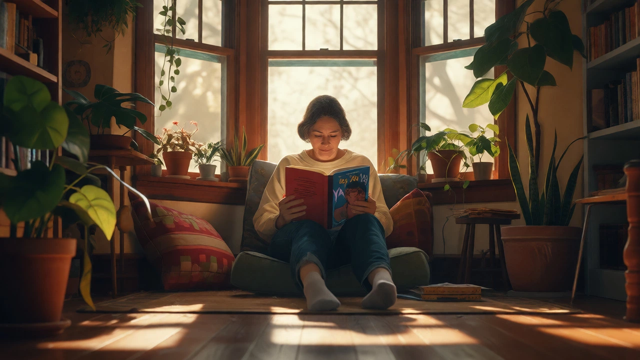 Adult reading a YA novel in a cozy sunlit room