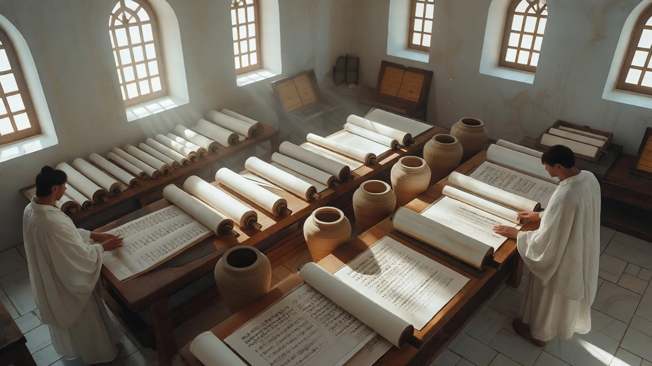 Ancient scribes compiling and preserving various biblical scrolls in a sunlit workshop.