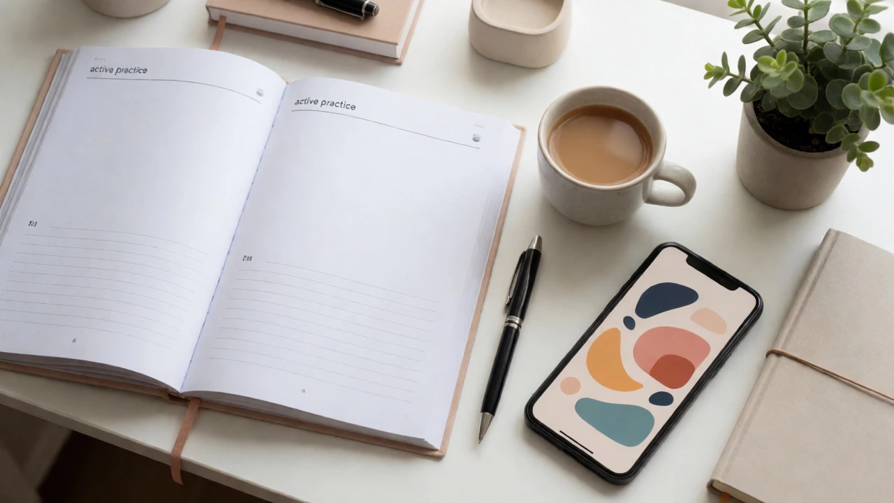 Desk with open workbook, journal, and tea