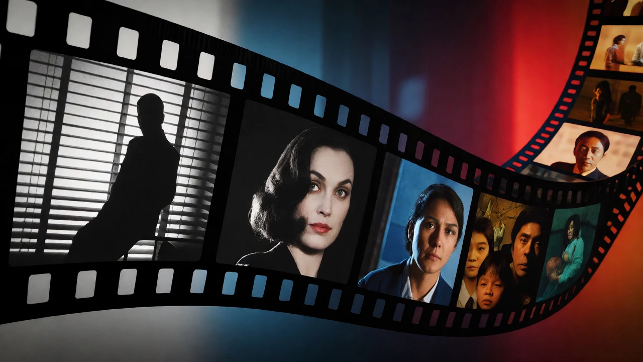 Film strip evolving from noir shadows to vibrant modern thriller scenes