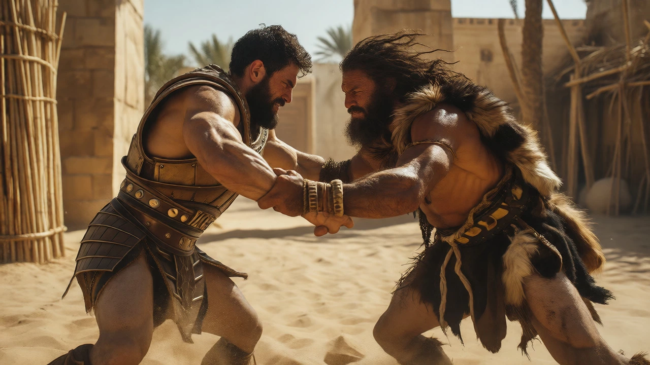 Gilgamesh and Enkidu wrestling in a dusty courtyard