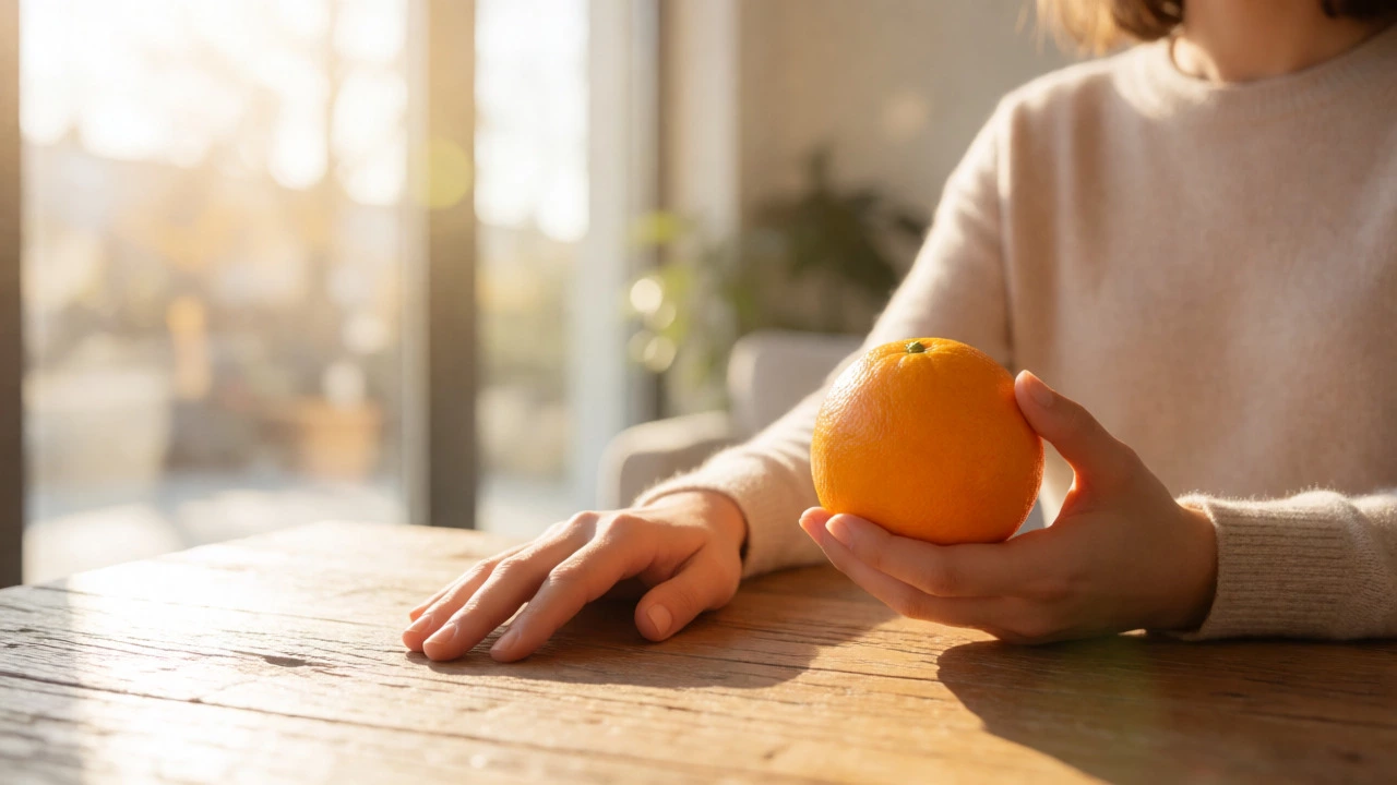 Hand touching wood and holding fruit during sensory grounding exercise