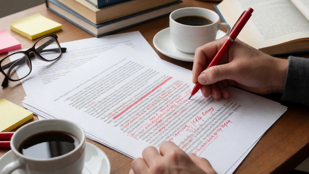 Hands marking up a manuscript with red ink