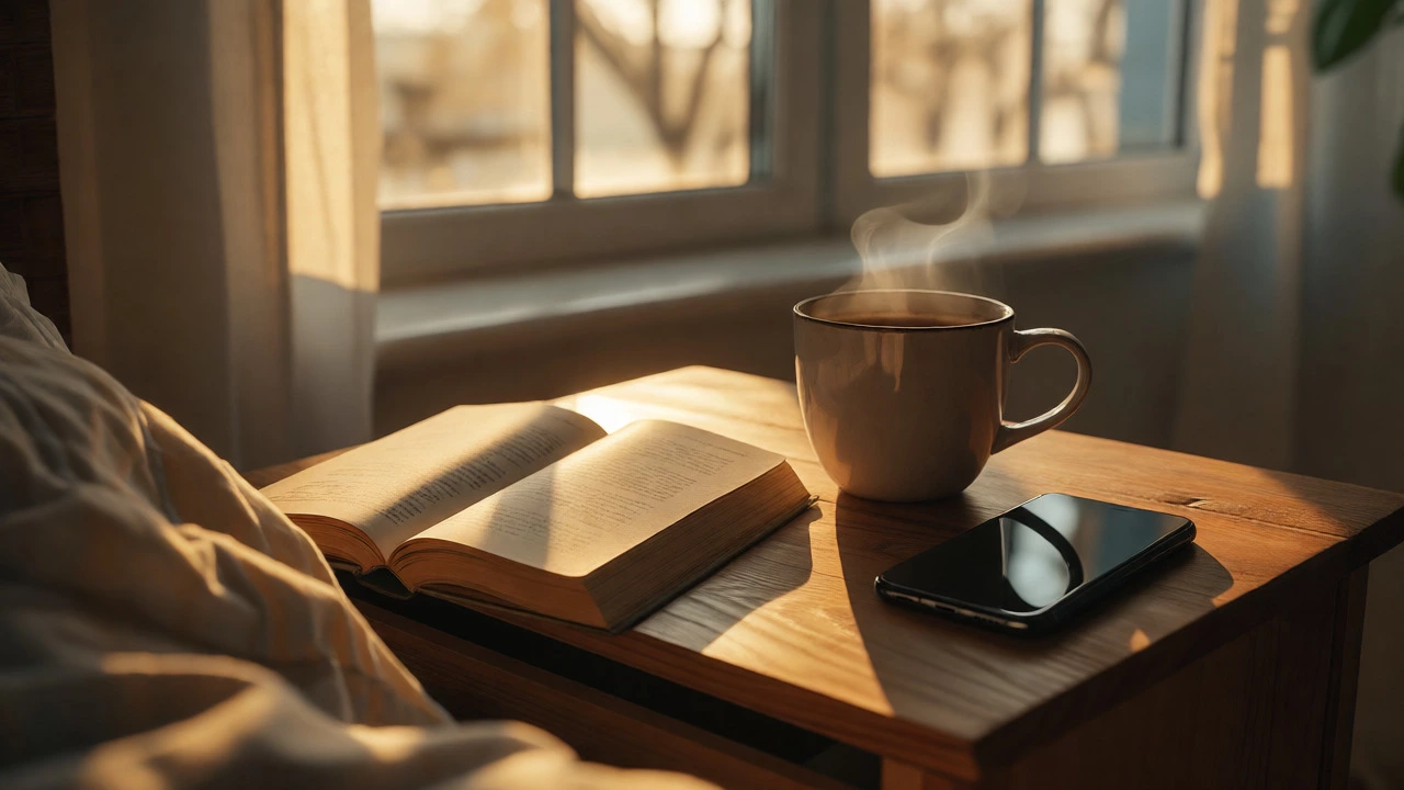 Morning coffee and book with phone removed for distraction-free reading