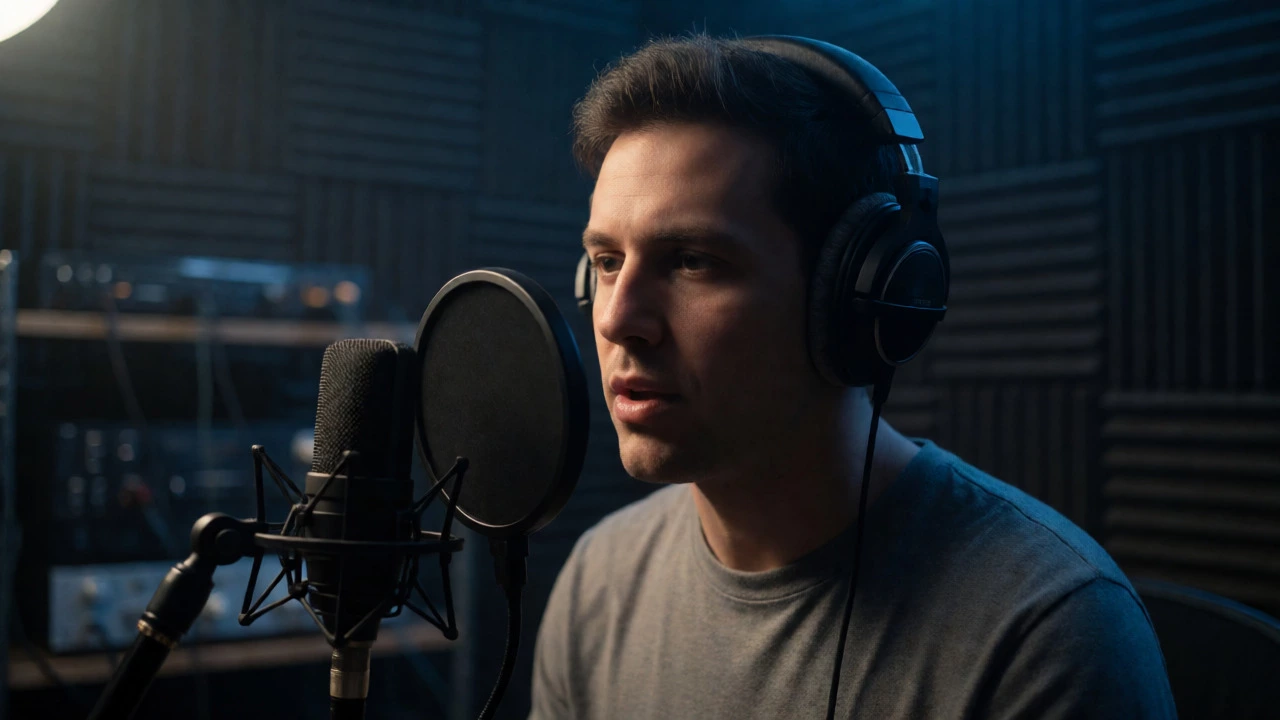 Narrator recording audio in a home studio