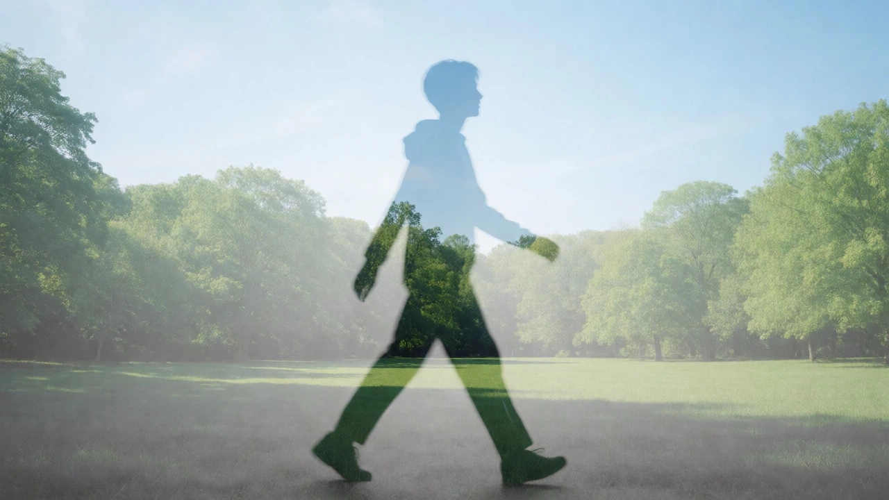 Silhouette walking outdoors blended with serene natural landscape imagery