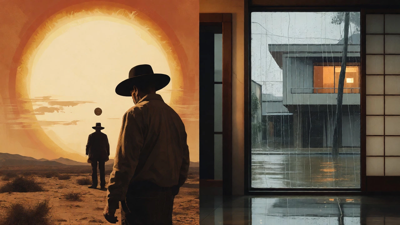 Split scene of desert hitman and rainy modern house symbolizing thrillers