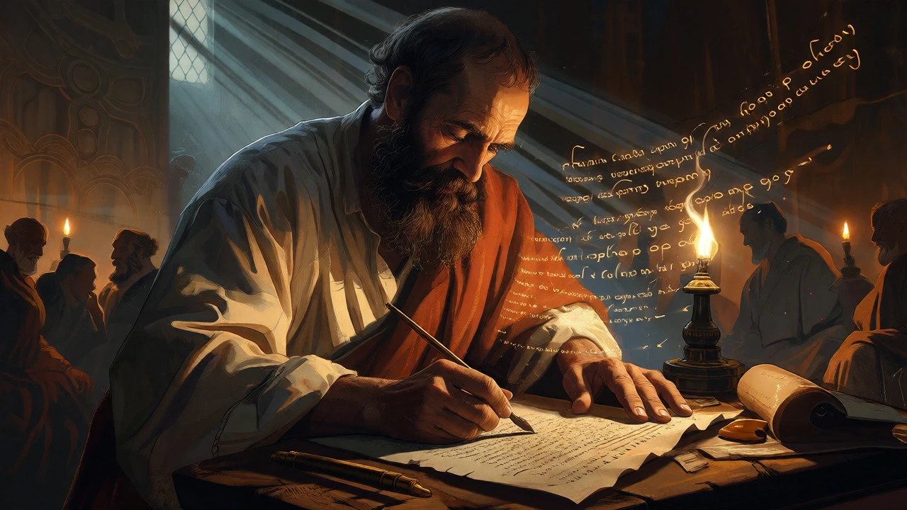 The Apostle Paul writing an epistle with swirling Greek script in a dramatically lit study.