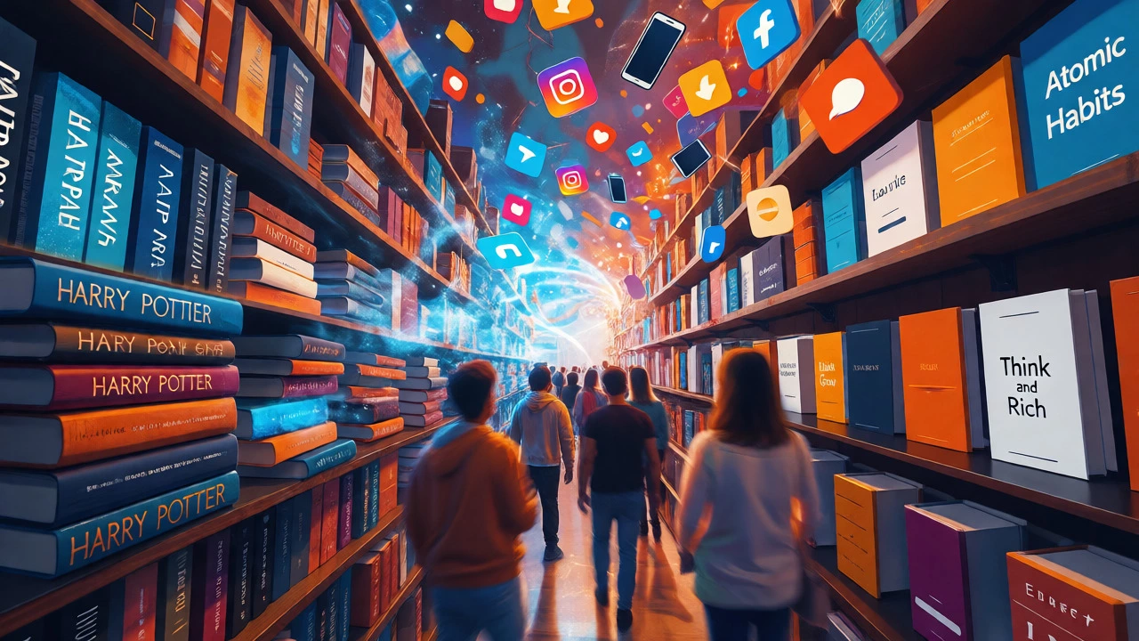 A split scene showing Harry Potter magic versus modern self-help trends in a bookstore.