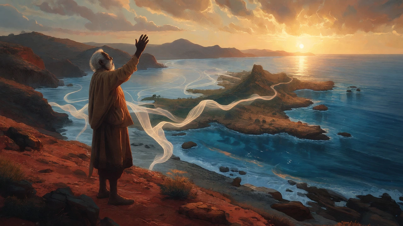 Aboriginal elder on a coast with a vision of ancient submerged lands