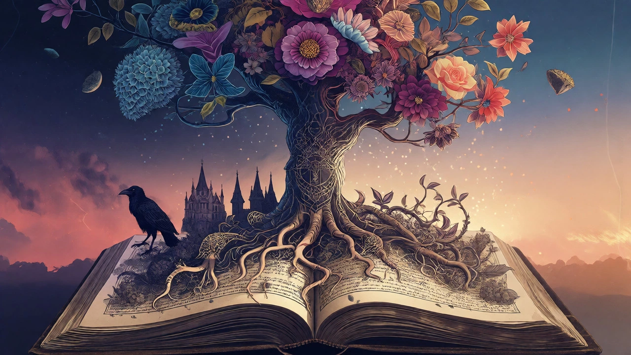 Abstract tree growing from a manuscript, blending Gothic roots and modern fantasy blooms.