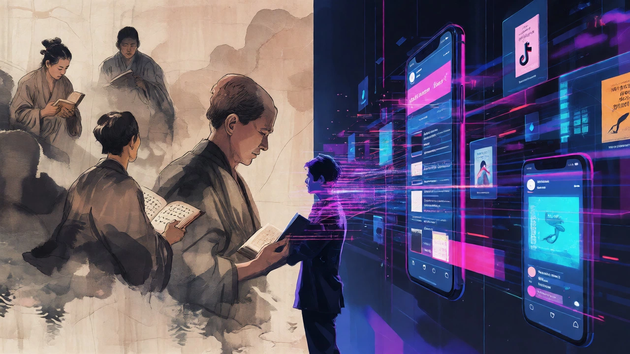 Artistic blend of classical reading and digital social media book trends