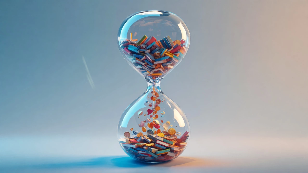 Books falling through an hourglass transforming into symbols of sales and influence.