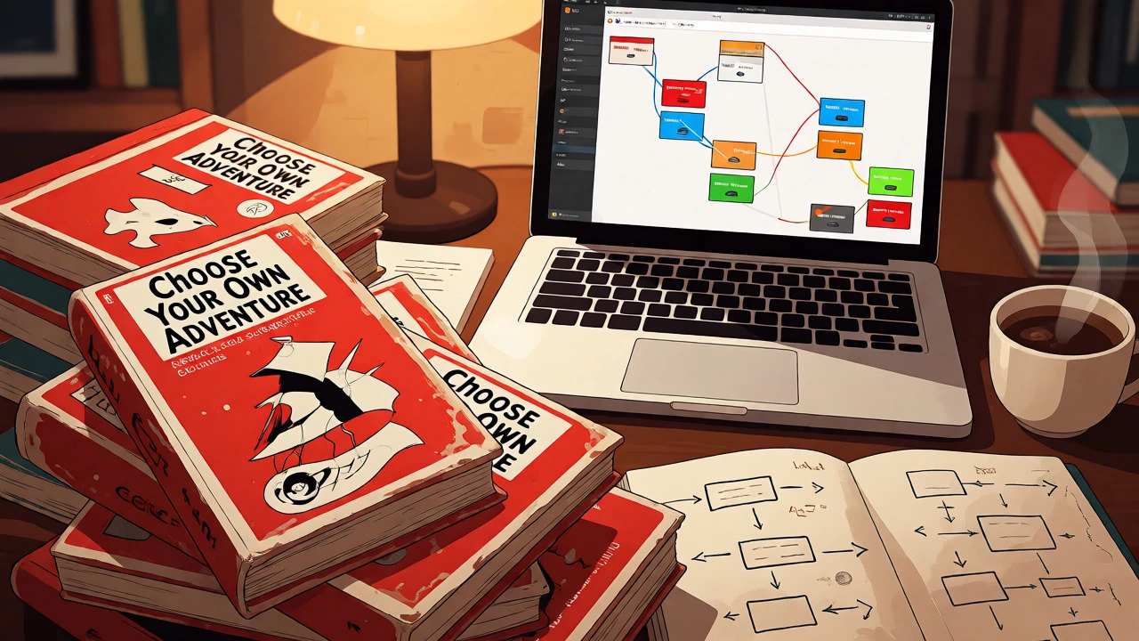 Desk with vintage adventure books and laptop showing visual story editor