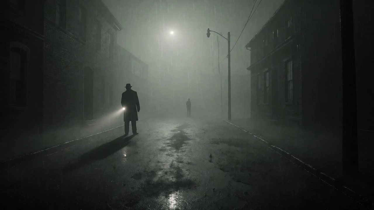 Detective in foggy rain-soaked street at night