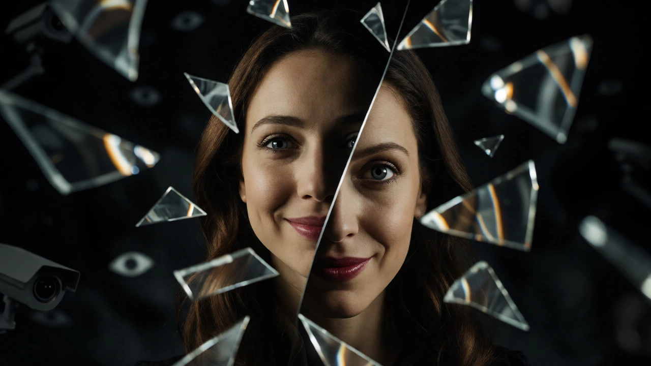 Fractured mirror reflecting dual faces of a woman