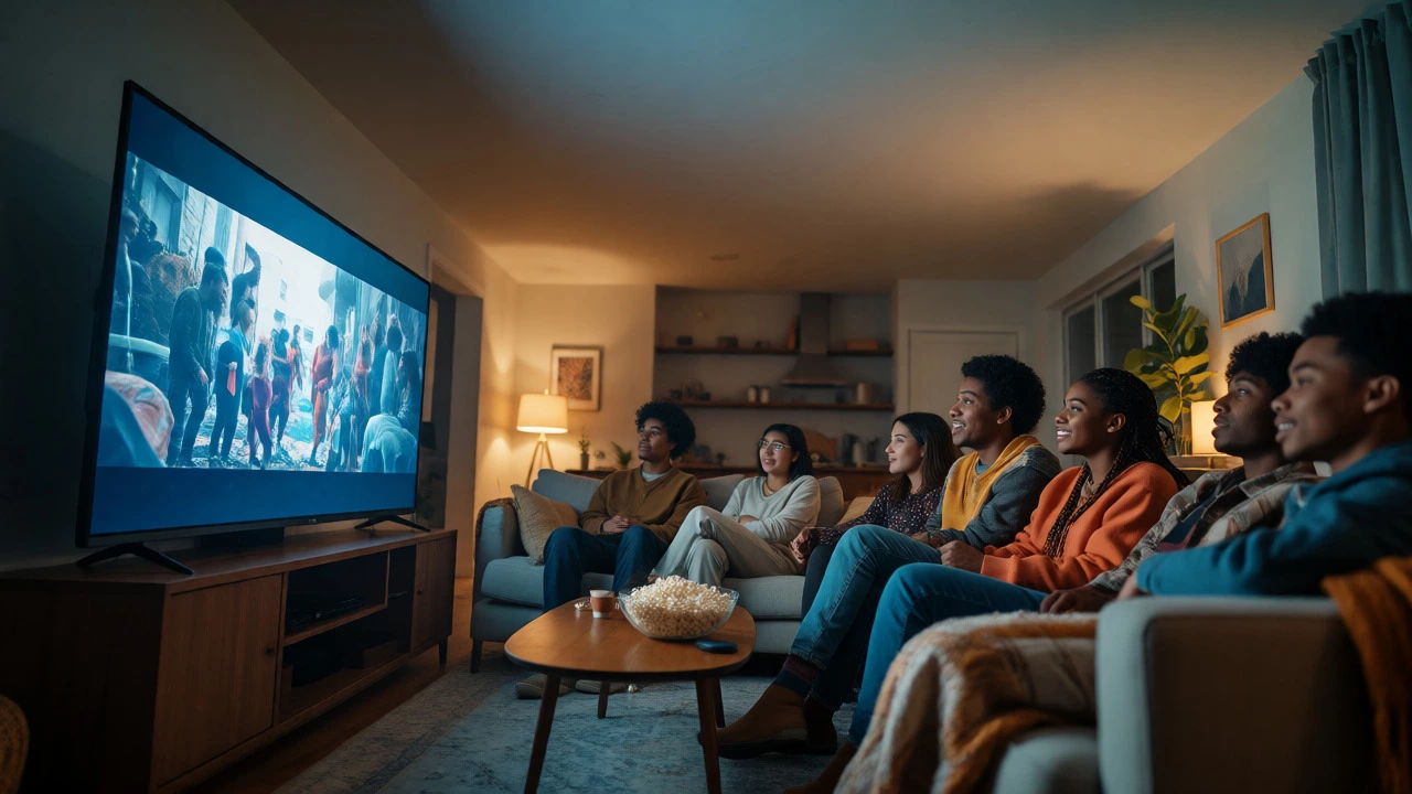 Friends watching free streaming movies on TV together
