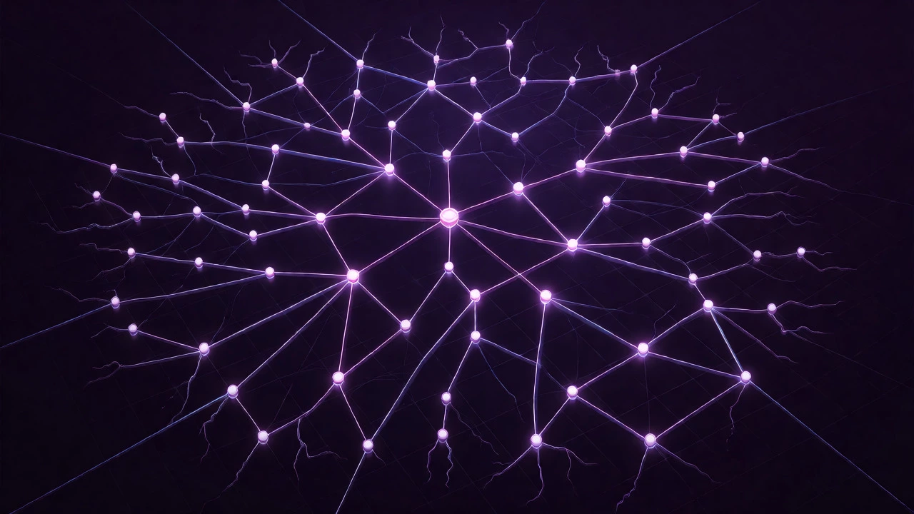 Glowing 3D network diagram showing branching story nodes and connections