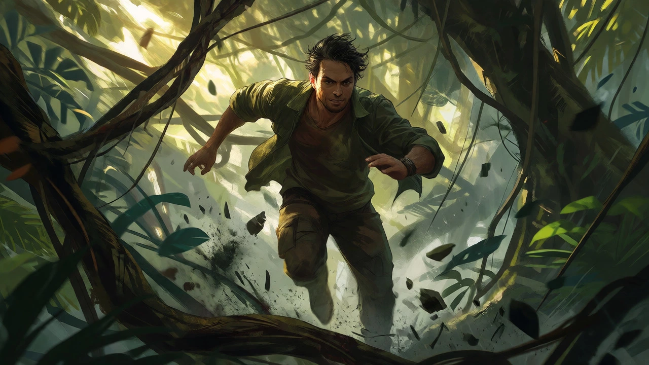Hero sprinting through a dense jungle avoiding obstacles